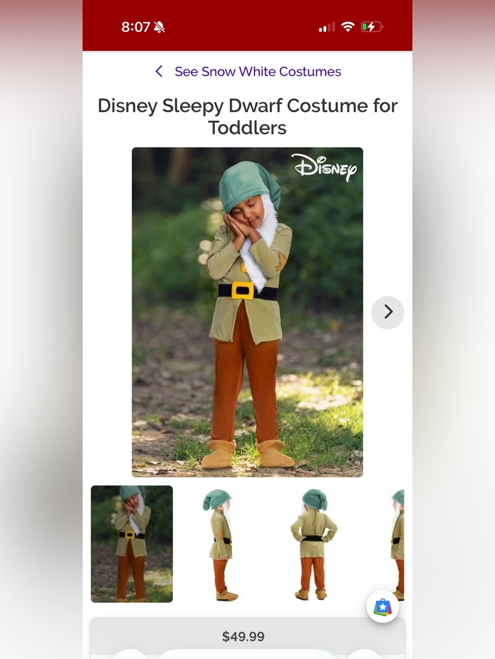Disney Sleepy Dwarf Costume in Green Hat, Tan Jacket & Brown Pants 2t